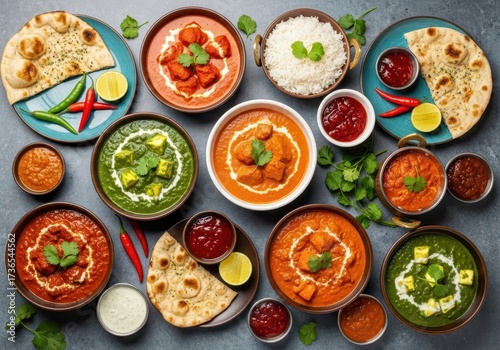 Wallpaper Mural A vibrant overhead view of a variety of indian dishes, including curries, naan, and rice, arranged on a dark textured surface Torontodigital.ca