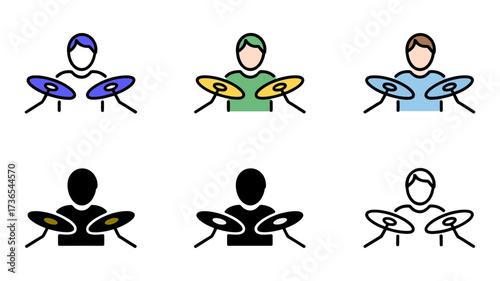 Vector art of set of drummer icons with drumsticks and cymbals