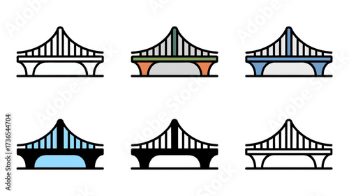 Vector art of collection of stylized bridge icons in various colors and styles on a