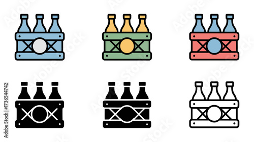 Vector art of set of six flat design icons representing beer bottles in a wooden crate