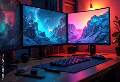 Dynamic Motion Graphics Dual-Monitor Workspace with Stunning Visuals and Engaging Details