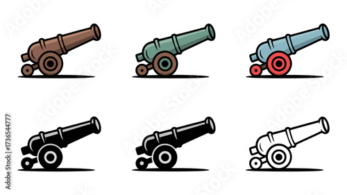 Vector art of collection of six cannon icons in various colors and styles