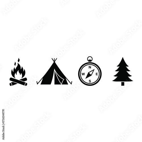 Camping icons: campfire, tent, compass, and tree in black and white.