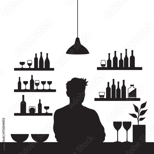 Silhouette of man behind bar with bottles and glasses