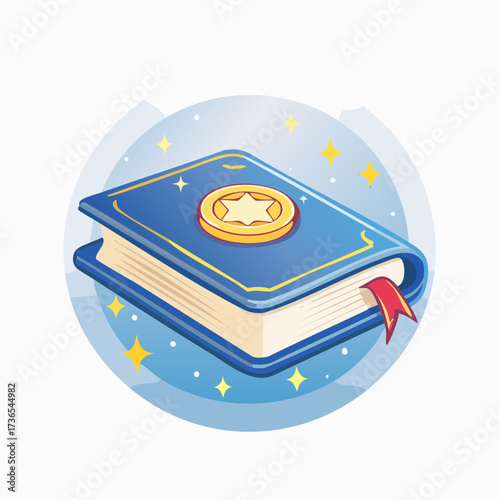 Magical Grimoire in a Celestial Sphere, Illuminated with Sparkling Stars, Emblem Embellishment