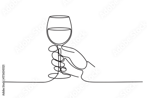 Continuous one line drawing of hand holding wine glass. Silhouette of alcoholic drink single line art style. one line Icon drawing with white background