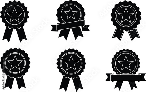 Black award ribbon badges with star icons, achievement certificate vector illustration for success, honor, recognition, competition, prize, and celebration design