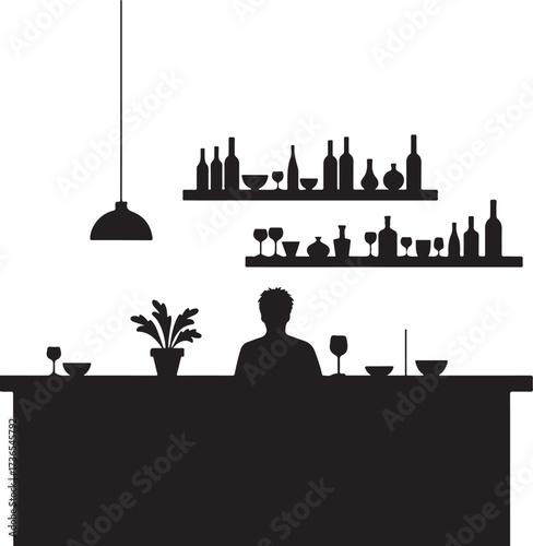 Silhouette of person at bar with bottles and glasses