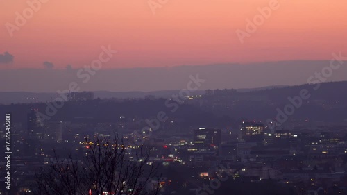 Brno, Czech Republic - March 29, 2025: View of the city from above at night. Evening city panorama. Špilberk Castle