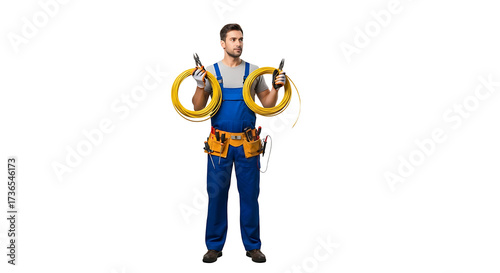 Electrician holding electrical wires and tool : worker in overall with yellow cable and tool belt on black background Worker occupation