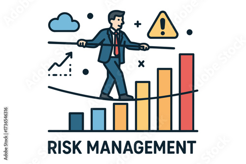 Businessman balancing on tightrope above rising bar graph symbolizing risk management