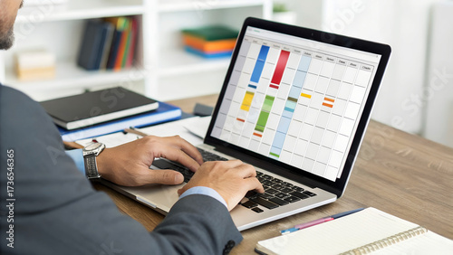 Bilde på lerret Businessman using laptop for project management, showcasing planning, scheduling