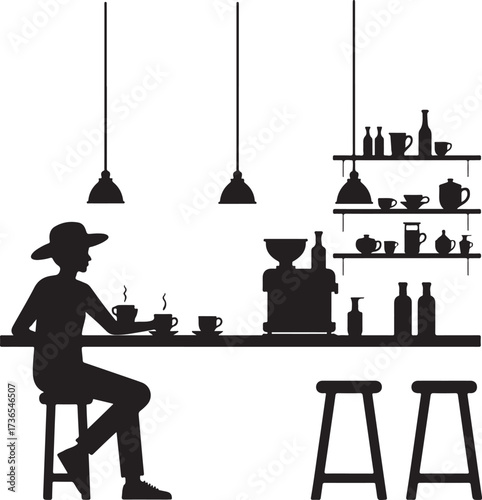 Silhouette of person at cafe counter with coffee and shelves