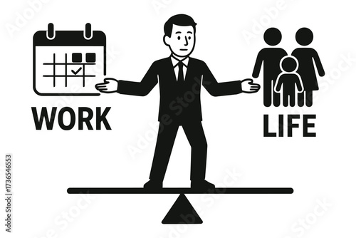 Businessman balancing work and family life on a scale concept