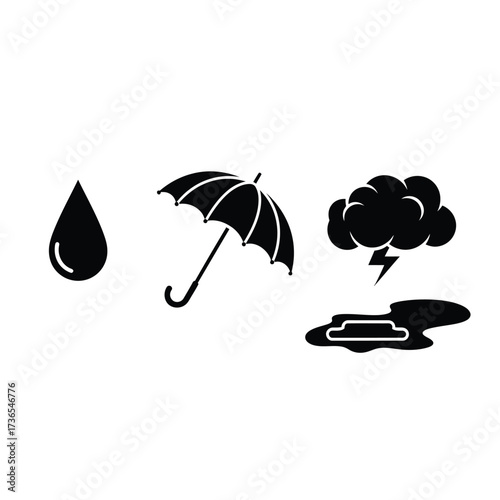 Weather icons: rain drop, umbrella, storm cloud with lightning.