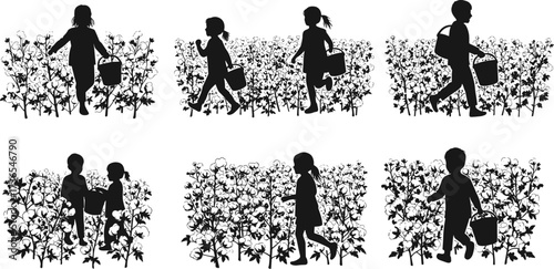 Black silhouette children carrying baskets harvesting plants in field, running and walking, agricultural farm work vector illustration, rural lifestyle design
