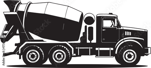 Black and white illustration of a cement mixer truck