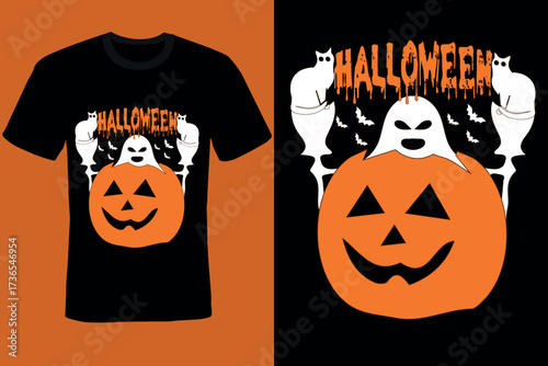 Spooky Halloween T-shirt Design: An artistic rendering of a Halloween-themed t-shirt featuring a jack-o'-lantern, ghostly figures, and playful dripping effect.