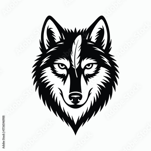 Black silhouette of a wolf head with a feather on its forehead Keywords: wolf, animal, head