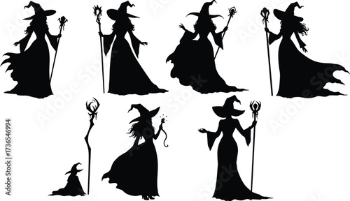 Black silhouette witches in pointed hats with staffs and wands, magical spellcasting poses, Halloween fantasy vector illustration, mystical occult design