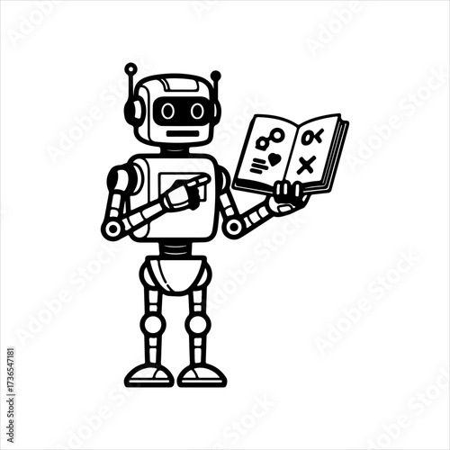 Cartoon robot reading a book with symbols, pointing with its finger, isolated on a white background.