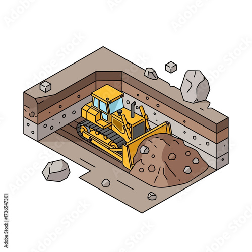 Isometric bulldozer digging a trench for construction work.