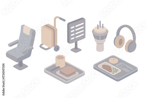 Air Travel Essentials. Isometric vector illustration set of air travel icons: airplane seat, luggage trolley, flight schedule