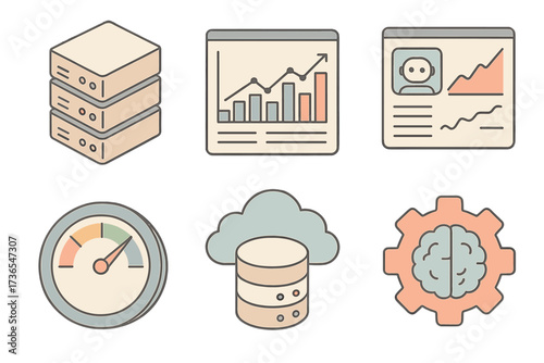 Data Trend Icons. Isometric vector illustration set of data-driven business trend icons: big data server, analytics dashboard, AI