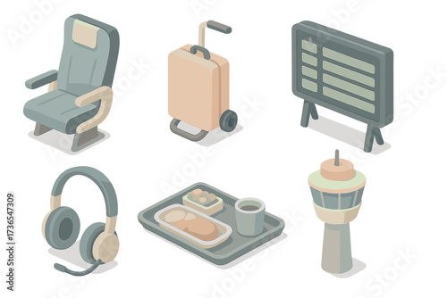 Air Travel Essentials. Isometric vector illustration set of air travel icons: airplane seat, luggage trolley, flight schedule