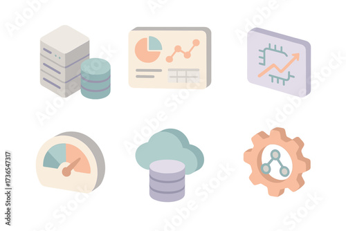 Data Trend Icons. Isometric vector illustration set of data-driven business trend icons: big data server, analytics dashboard, AI