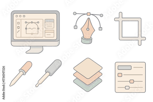 Pastel Editing Icons. Isometric vector illustration set of digital editing icons: computer monitor with design app, vector pen