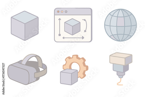 3D Design Icons. Isometric vector illustration set of 3D design and modeling icons: 3D cube, CAD software window, wireframe globe,