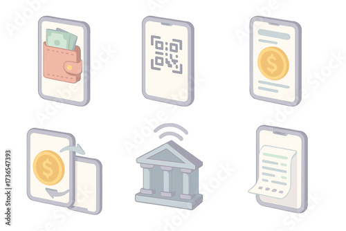 Isometric Mobile Banking Icons. Isometric vector illustration set of mobile banking icons: mobile wallet app, QR code payment,