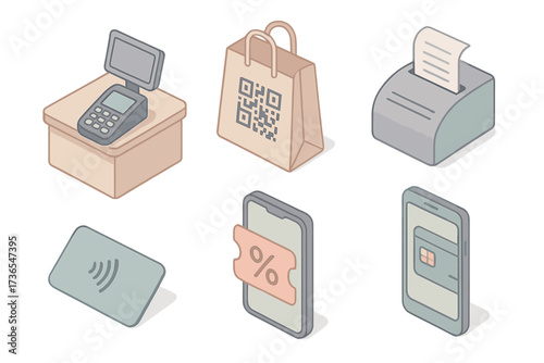 Retail Payment Icons. Isometric vector illustration set of retail payment icons: store counter with contactless terminal, shopping