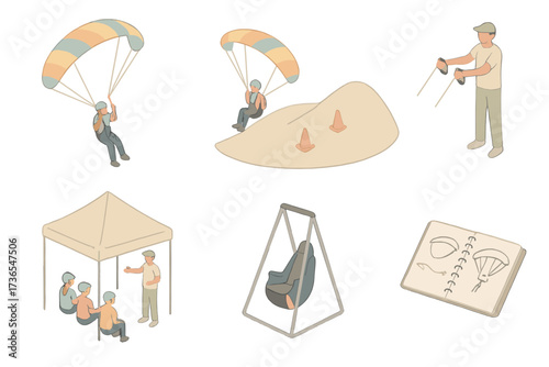 Paragliding Training Essentials. Isometric vector illustration set Paragliding Training Essentials: ground handling wing, practice