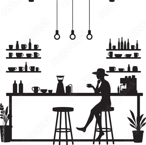 Silhouette of woman at coffee bar with espresso machine and plants