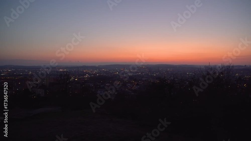 Brno, Czech Republic - March 29, 2025: View of the city from above at night. Evening city panorama. Špilberk Castle