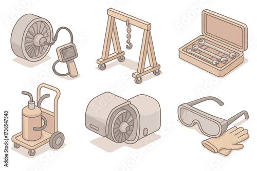 Jet Maintenance Tools. Isometric vector illustration set Jet Maintenance Tools: turbine blade inspection camera, engine hoist