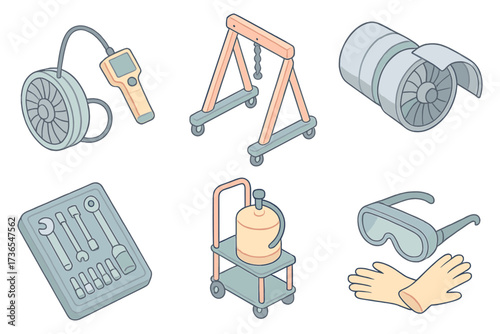 Jet Maintenance Tools. Isometric vector illustration set Jet Maintenance Tools: turbine blade inspection camera, engine hoist