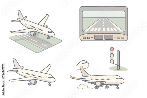 Airplane Landing Sequence. Isometric vector illustration set Landing Operations: airplane descending to runway, landing gear