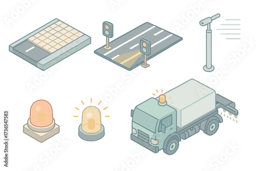 Runway Safety Systems. Isometric vector illustration set Runway Safety Systems: arrestor bed with crushable concrete, runway