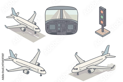 Airplane Landing Sequence. Isometric vector illustration set Landing Operations: airplane descending to runway, landing gear