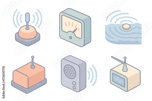 Signal Tracking Icons. Isometric vector illustration set Recorder Signal and Transmission: locator beacon sound wave, signal