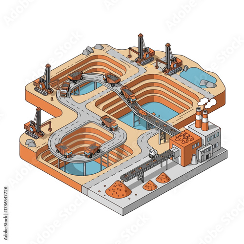 Isometric Illustration of an Open Pit Mining Operation Complex.