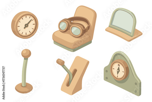 Classic Biplane Cockpit. Isometric vector illustration set Classic Biplane Cockpit Details: analog altimeter dial, leather flight