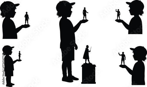 Child silhouettes holding miniature human figures creative concept illustration, imagination power, storytelling fantasy art, symbolic scale control vector design artwork