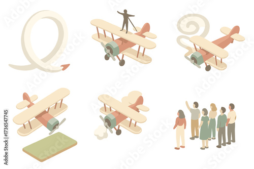 Aerial Stunt Highlights. Isometric vector illustration set Aerial Stunt Biplane Moments: loop maneuver silhouette, wing walker