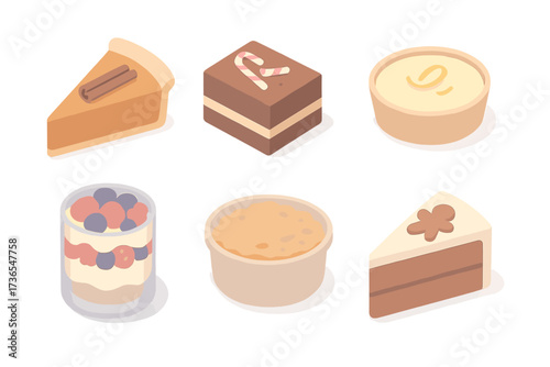 Seasonal Dessert Icons. Isometric vector illustration set Seasonal Dessert Specials: pumpkin pie with cinnamon, peppermint brownie