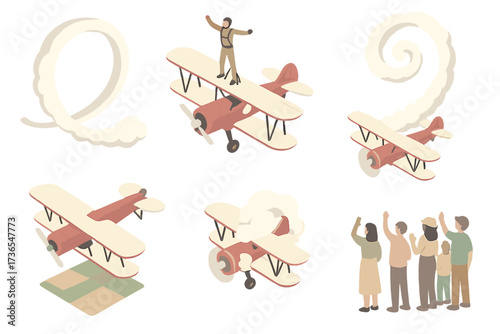 Aerial Stunt Highlights. Isometric vector illustration set Aerial Stunt Biplane Moments: loop maneuver silhouette, wing walker