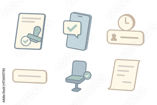Reservation Icons Set. Isometric vector illustration set Confirmed Reservation Symbols: checkmark stamp on booking page,